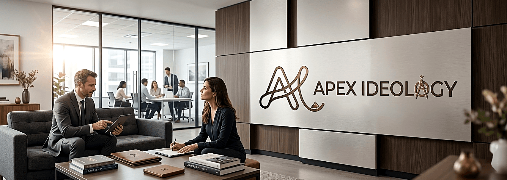 Apex Ideology office — team meeting and branded wall